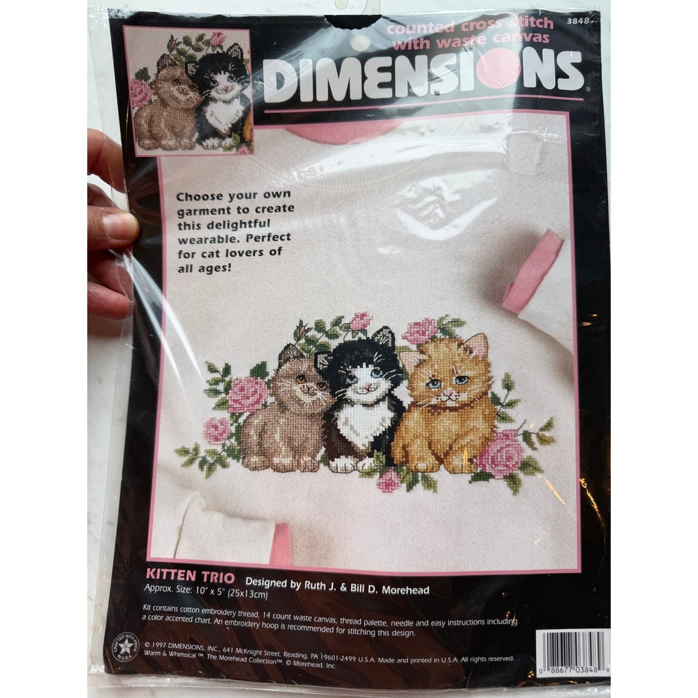 VTG Dimensions Kitten Trio Cross Stitch Kit Waste Canvas 3848 1997 Kit